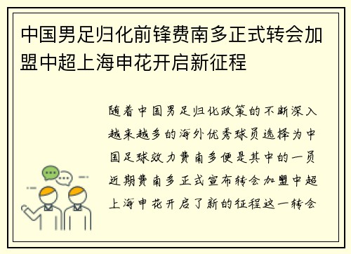 中国男足归化前锋费南多正式转会加盟中超上海申花开启新征程